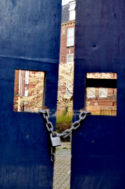 A tree in bloom can be seen in the background, through the slight openings of a chained gated barrier. Sutton Estate, Chelsea. March 2022.
"No Rights Reserved" (CCO)